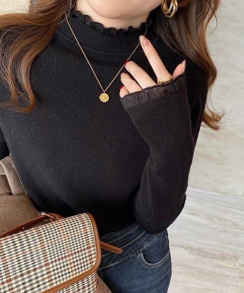 Beststore（ベストストア）の「フリル襟 ニットトップス ハイネックニットセーター（ニット/セーター・レディース・カーキ/アイボリー/ブラック/ブラウン系その他/ホワイト/ブラウン・FREE）」の14枚目の写真