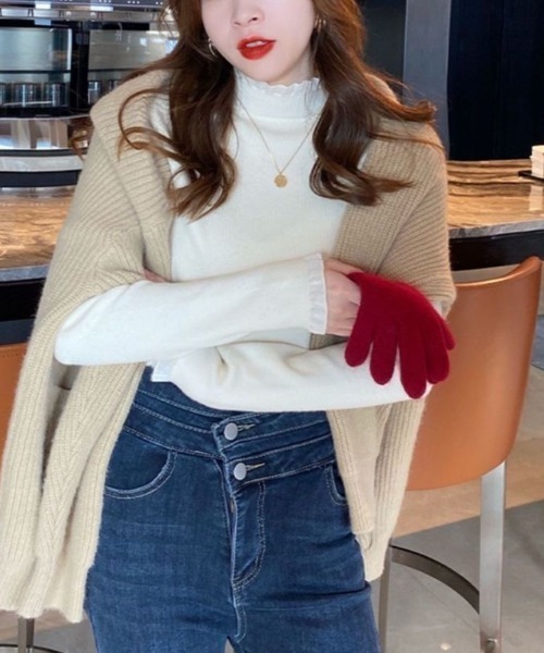 Beststore（ベストストア）の「フリル襟 ニットトップス ハイネックニットセーター（ニット/セーター・レディース・カーキ/アイボリー/ブラック/ブラウン系その他/ホワイト/ブラウン・FREE）」の7枚目の写真