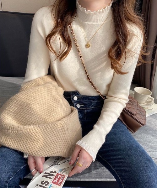 Beststore（ベストストア）の「フリル襟 ニットトップス ハイネックニットセーター（ニット/セーター・レディース・カーキ/アイボリー/ブラック/ブラウン系その他/ホワイト/ブラウン・FREE）」の9枚目の写真