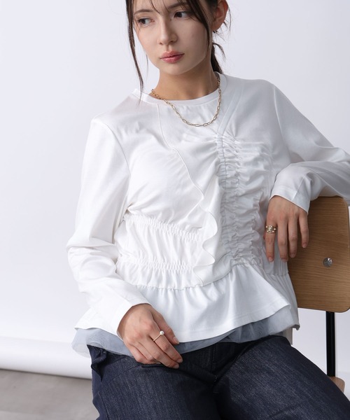 PICCIN PERLA(ピッチンペルラ)の「シャーリングフリルカットソー(Tシャツ/カットソー・レディース・ブラック/オフホワイト・M)」の2枚目の写真