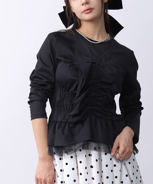 PICCIN PERLA(ピッチンペルラ)の「シャーリングフリルカットソー(Tシャツ/カットソー・レディース・ブラック/オフホワイト・M)」の1枚目の写真