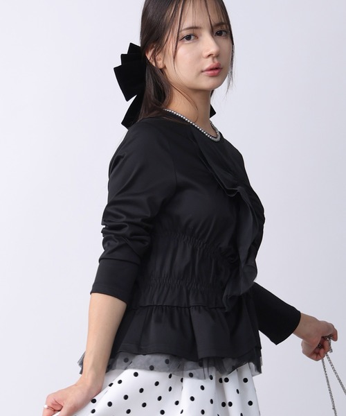PICCIN PERLA(ピッチンペルラ)の「シャーリングフリルカットソー(Tシャツ/カットソー・レディース・ブラック/オフホワイト・M)」の8枚目の写真