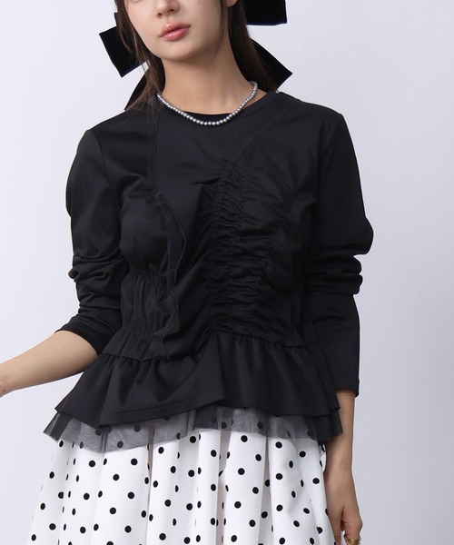PICCIN PERLA(ピッチンペルラ)の「シャーリングフリルカットソー(Tシャツ/カットソー・レディース・ブラック/オフホワイト・M)」の5枚目の写真