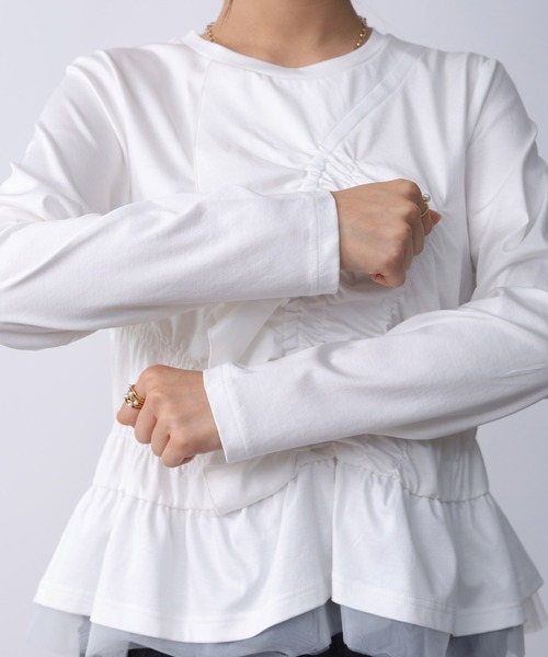 PICCIN PERLA(ピッチンペルラ)の「シャーリングフリルカットソー(Tシャツ/カットソー・レディース・ブラック/オフホワイト・M)」の14枚目の写真