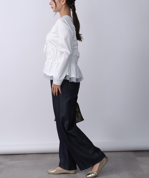 PICCIN PERLA(ピッチンペルラ)の「シャーリングフリルカットソー(Tシャツ/カットソー・レディース・ブラック/オフホワイト・M)」の3枚目の写真