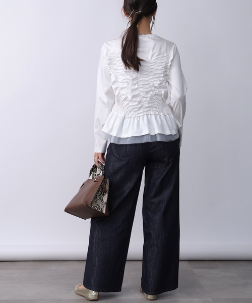 PICCIN PERLA(ピッチンペルラ)の「シャーリングフリルカットソー(Tシャツ/カットソー・レディース・ブラック/オフホワイト・M)」の4枚目の写真