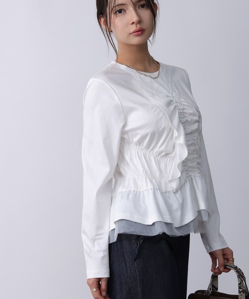 PICCIN PERLA(ピッチンペルラ)の「シャーリングフリルカットソー(Tシャツ/カットソー・レディース・ブラック/オフホワイト・M)」の21枚目の写真