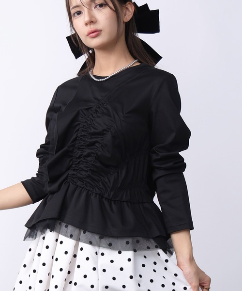 PICCIN PERLA(ピッチンペルラ)の「シャーリングフリルカットソー(Tシャツ/カットソー・レディース・ブラック/オフホワイト・M)」の6枚目の写真