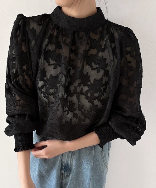 ONEP STAR(ワンピスター)の「バックリボン花柄シアーブラウス(シャツ/ブラウス・レディース・ピンク/ブラック/グレー/ブルー/ホワイト・MEDIUM/X-LARGE/LARGE)」の1枚目の写真