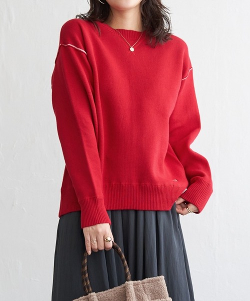 ikka(イッカ)の「コットンMIXスウェットライクニット(ニット/セーター・レディース・オフホワイト/グリーン/ネイビー/レッド・M/L/S)」の1枚目の写真