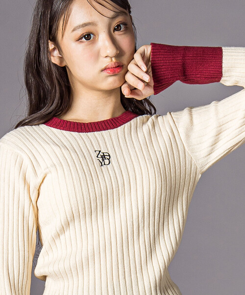 ZIDDY（ジディ）の「バイカラーリブニット(130~160cm)（ニット/セーター・キッズ・オフホワイト/グレー・130cm/150cm/140cm/FREE）」の5枚目の写真