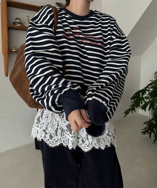 WILLFULLY（ウィルフリー）の「border logo print cropped sweat tops（スウェット・レディース・ネイビー/ホワイト/ライム・FREE）」の6枚目の写真