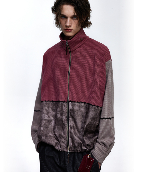 RSSC(アールエスエスシー)の「STITCHED MIX KNIT ZIP UP - PINK/BEIGE(カーディガン/ボレロ・レディース・ベビーピンク・1/2)」の1枚目の写真