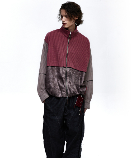 RSSC(アールエスエスシー)の「STITCHED MIX KNIT ZIP UP - PINK/BEIGE(カーディガン/ボレロ・レディース・ベビーピンク・1/2)」の2枚目の写真