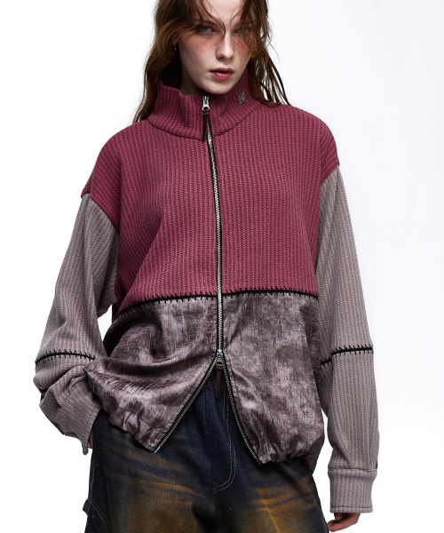 RSSC(アールエスエスシー)の「STITCHED MIX KNIT ZIP UP - PINK/BEIGE(カーディガン/ボレロ・レディース・ベビーピンク・1/2)」の4枚目の写真