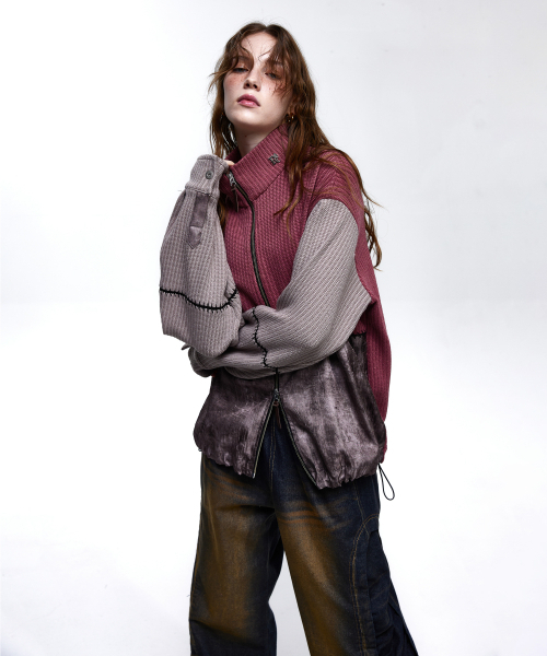 RSSC(アールエスエスシー)の「STITCHED MIX KNIT ZIP UP - PINK/BEIGE(カーディガン/ボレロ・レディース・ベビーピンク・1/2)」の5枚目の写真