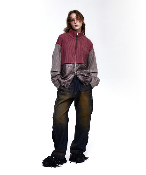RSSC(アールエスエスシー)の「STITCHED MIX KNIT ZIP UP - PINK/BEIGE(カーディガン/ボレロ・レディース・ベビーピンク・1/2)」の6枚目の写真
