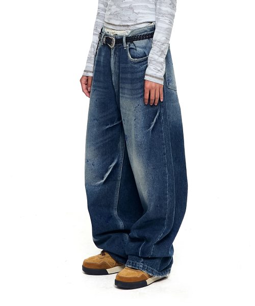 セール】Paint Washed Denim Pants (Blue)（デニムパンツ）｜AAKAM
