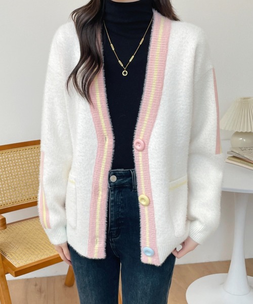 ABITOKYO（アビトーキョー）の「配色ラインシャギーニットカーディガン（カーディガン/ボレロ・レディース・ホワイト/ブラック・FREE）」の2枚目の写真