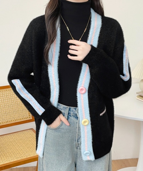 ABITOKYO（アビトーキョー）の「配色ラインシャギーニットカーディガン（カーディガン/ボレロ・レディース・ホワイト/ブラック・FREE）」の3枚目の写真