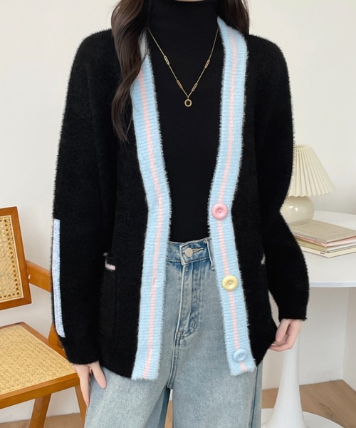 ABITOKYO（アビトーキョー）の「配色ラインシャギーニットカーディガン（カーディガン/ボレロ・レディース・ホワイト/ブラック・FREE）」の4枚目の写真