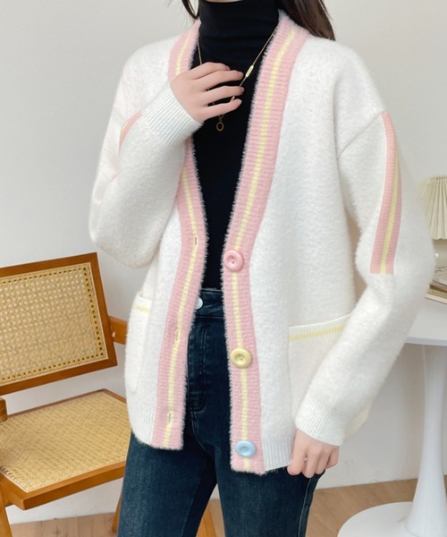 ABITOKYO（アビトーキョー）の「配色ラインシャギーニットカーディガン（カーディガン/ボレロ・レディース・ホワイト/ブラック・FREE）」の14枚目の写真