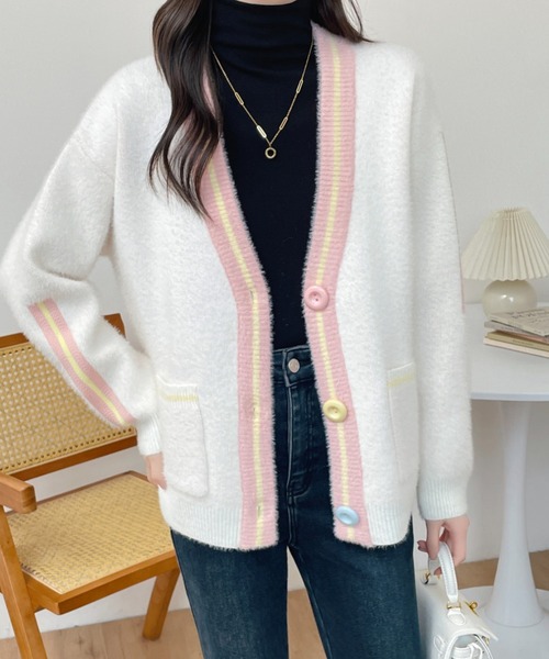 セール】配色ラインシャギーニットカーディガン（カーディガン/ボレロ