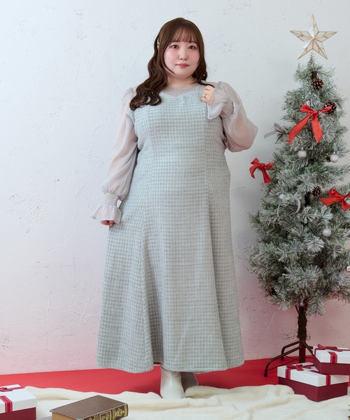 大きいサイズ】シアー切り替えバックリボンマーメイドワンピース