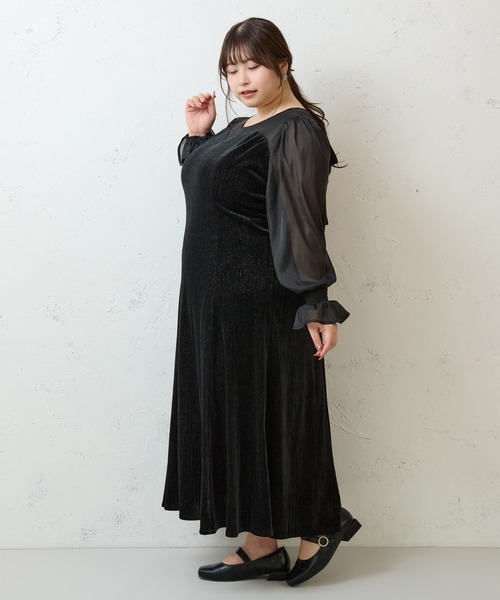 大きいサイズ】シアー切り替えバックリボンマーメイドワンピース