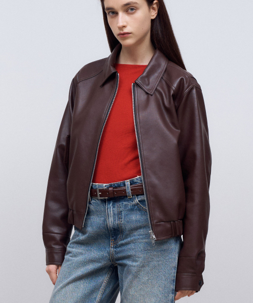 DOFFSEPT(ドフセプト)の「FAUX Leather Crop Bomber in Brown(ライダースジャケット・レディース・その他・FREE)」の1枚目の写真
