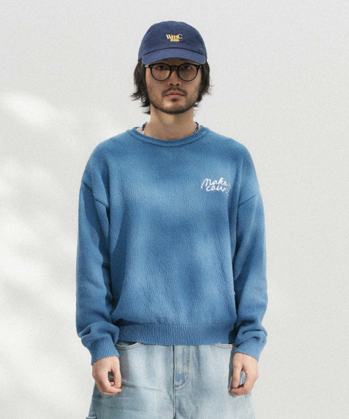 WMC(ダブリューエムシー)の「スローガン刺繍ニット_BLUE(ニット/セーター・メンズ・ブルー・MEDIUM/LARGE/X-LARGE)」の3枚目の写真