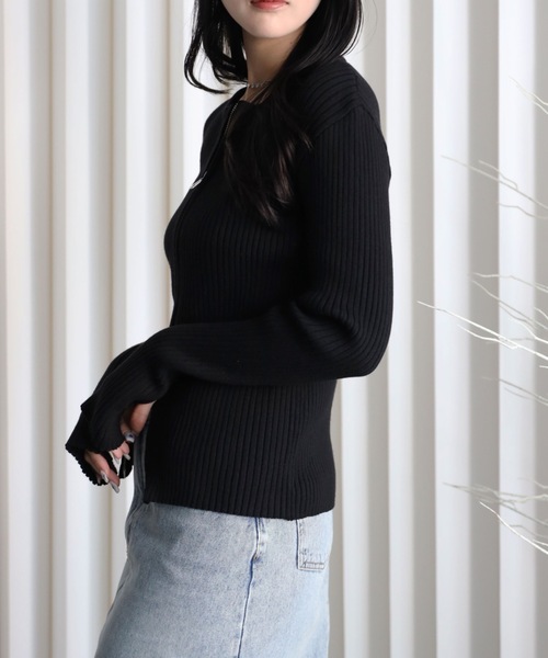 YENNA（イェンナ）の「リブZIPカーディガン　フィンガーホール付（カーディガン/ボレロ・レディース・グリーン/チャコールグレー/ブラック/グレイッシュベージュ/ブラウン・FREE）」の22枚目の写真