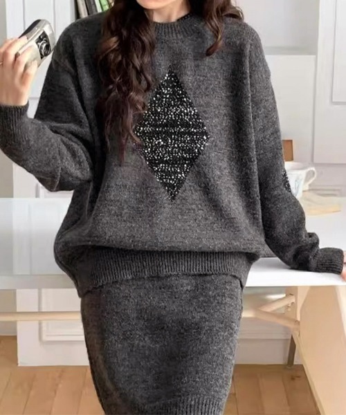 Miniministore(ミニミニストア)の「スパンコールニットセットアップ きれいめ(セットアップ・レディース・モカ/グレー/アイボリー/ダークグレー・FREE)」の8枚目の写真