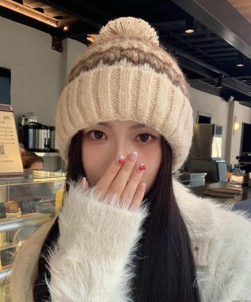 セール】pur chouchou/ノルディック柄 ポンポンつき ニット帽 P4533