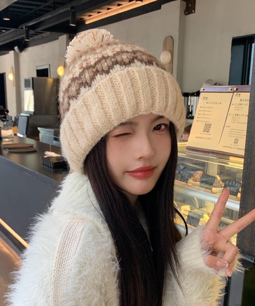 セール】pur chouchou/ノルディック柄 ポンポンつき ニット帽 P4533