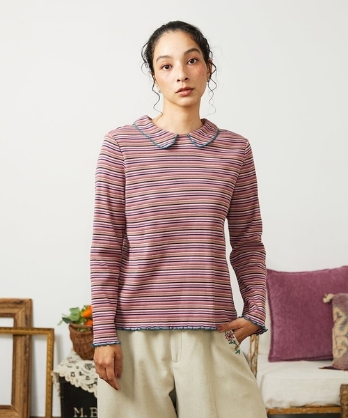 Jocomomola(ホコモモラ)の「Dentado ボーダー襟付きカットソー(Tシャツ/カットソー・レディース・ピンク/グリーン・40)」の1枚目の写真