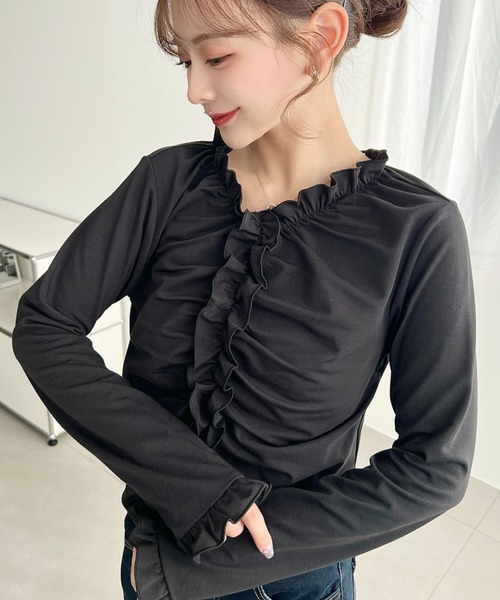 moment+(モーメントプラス)の「Vネックギャザーフリル長袖カットソー(Tシャツ/カットソー・レディース・ブラック/オフホワイト/イエロー/杢グレー・M)」の18枚目の写真