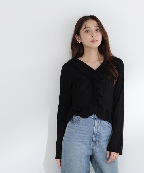 NATURAL BEAUTY BASIC（ナチュラルビューティーベーシック）の「◇フリルトリムカーディガン（カーディガン/ボレロ・レディース・オフホワイト/オレンジ/ブラック・FREE）」の2枚目の写真