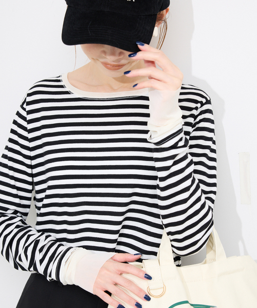 SLOBE IENA（スローブイエナ）の「《追加5》レイヤードスリーブロンTEE（Tシャツ/カットソー・レディース・アイボリー/ブラック系その他/ホワイト/ブラック・FREE）」の10枚目の写真