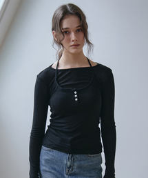 ボタンポイントビスチェレイヤードTシャツ_ブラック
