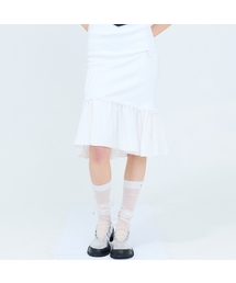 CURVED L LACE MIDI SKIRT(WHITE)