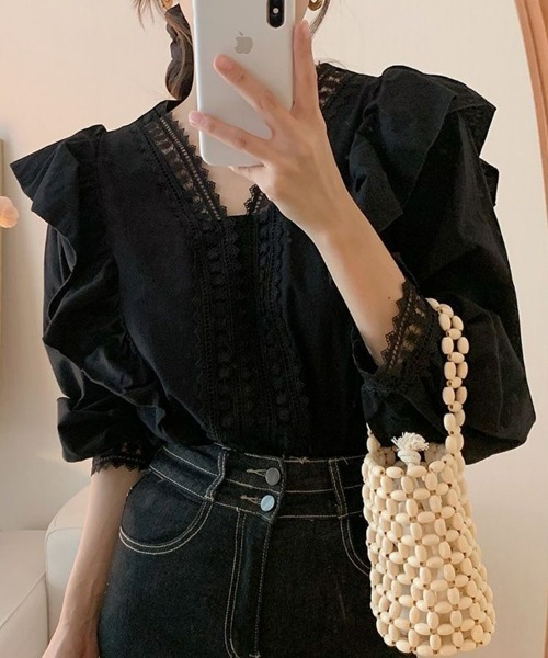 SEU(エスイーユー)の「フリル刺繍レースVネックブラウス レースブラウス シャツブラウス 長袖 オフィスカジュアル きれいめカジュアル レディース韓国風(シャツ/ブラウス・レディース・ホワイト/ブラック・フリー)」の14枚目の写真