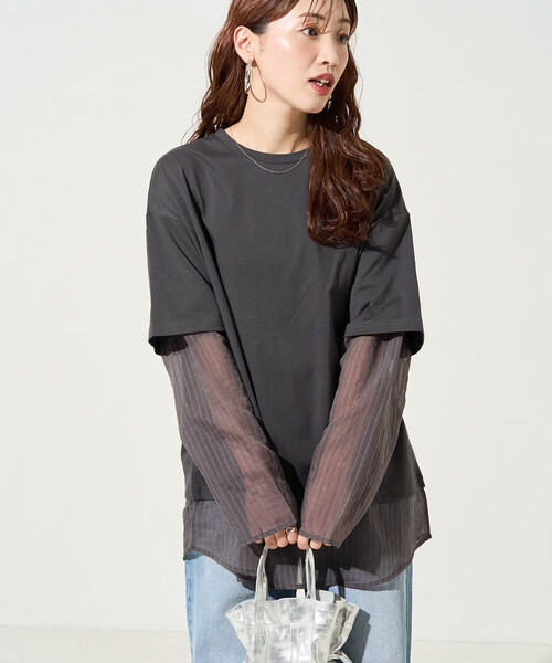 限定展開 シアー ストライプ レイヤード プルオーバー（Tシャツ
