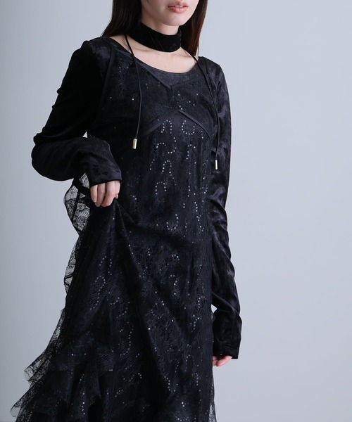 atlo（アトロ）の「袖あり&ミモレ丈 同窓会 成人式 スパンコールベロア タイト レイヤード チョーカー お呼ばれ 結婚式 二次会 フォーマル オケージョンドレス パーティー ドレス （ドレス・レディース・ブラック/ブラウン/チャコール・M/S）」の11枚目の写真
