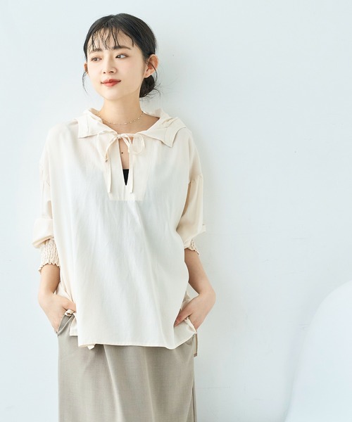 mil(ミル)の「スキッパー フーディー シャツ【586134】(シャツ/ブラウス・レディース・アイボリー/ブラック/ベージュ・XS/S)」の6枚目の写真