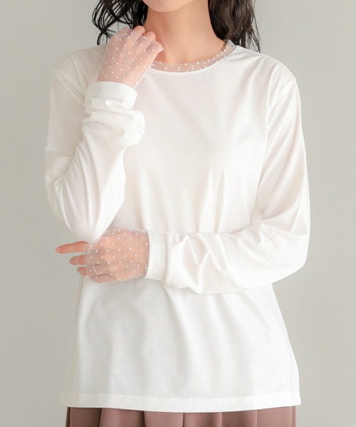 itto...(イット)の「袖ドットチュールカットソー(Tシャツ/カットソー・レディース・ブラック/オフホワイト・M)」の1枚目の写真