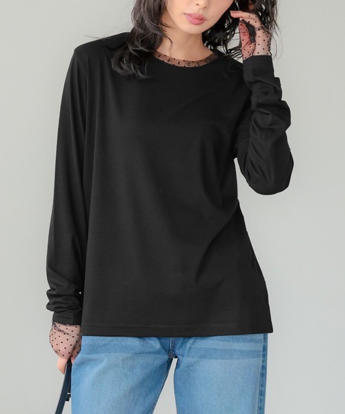 itto...(イット)の「袖ドットチュールカットソー(Tシャツ/カットソー・レディース・ブラック/オフホワイト・M)」の2枚目の写真
