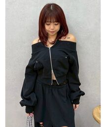 フロントジップオフショルスウェットトップス【セットアップ着用可能】春服