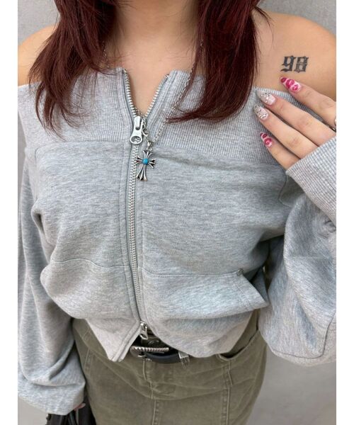 EVRIS(エヴリス)の「フロントジップオフショルスウェットトップス【セットアップ着用可能】(スウェット・レディース・グレー/その他1/ブラック・FREE)」の12枚目の写真