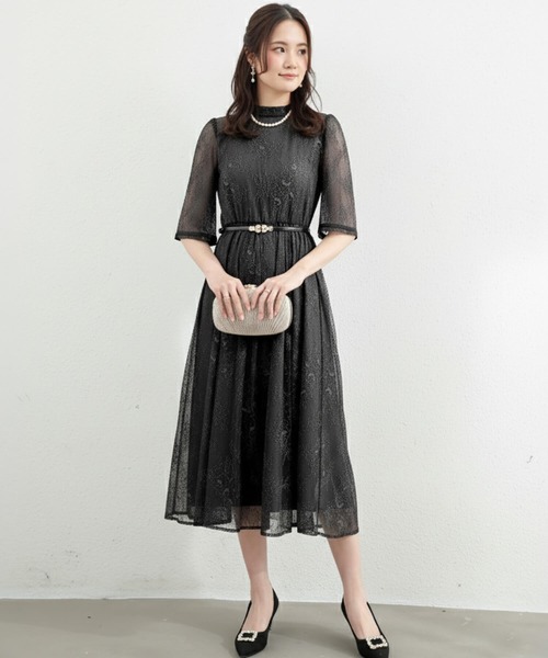 Cinderella(シンデレラ)の「オケージョンドレス フォーマルワンピース ロングワンピース ドレス 結婚式 お呼ばれ 謝恩会 二次会 パーティードレス ロングドレス リボン ハイネック 半袖 五分袖 セレモニー 同窓会 二次会 食事会 袖あり かわいい レディース おしゃれ マキシ丈 ロング丈 レース 花柄(ドレス・レディース・ダークブラウン/ブルーグレー/ダークグレー/ブラック/ネイビー・MEDIUM/X-LARGE/LARGE)」の2枚目の写真